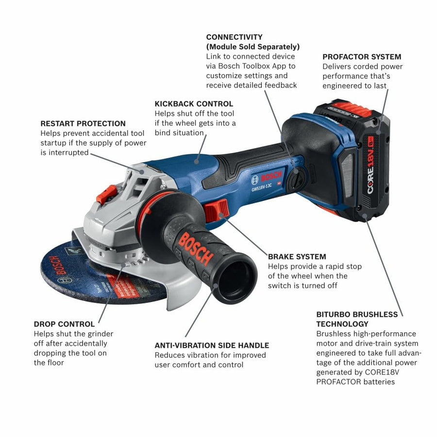 Bosch PROFACTOR™ GWS18V-13CB14 18V Connected-Ready 5 – 6 In. Angle Grinder Kit with (1) CORE18V® 8 Ah High Power Battery