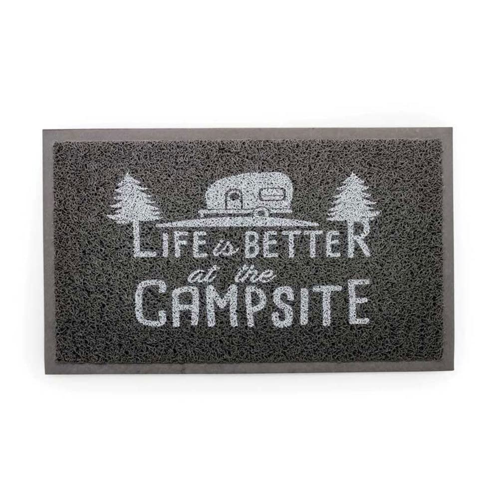Camco Scrub Mat Life is Better at The Campsite - 26.5" by 15" - Non-Slip Backing - Gray/White - 53200