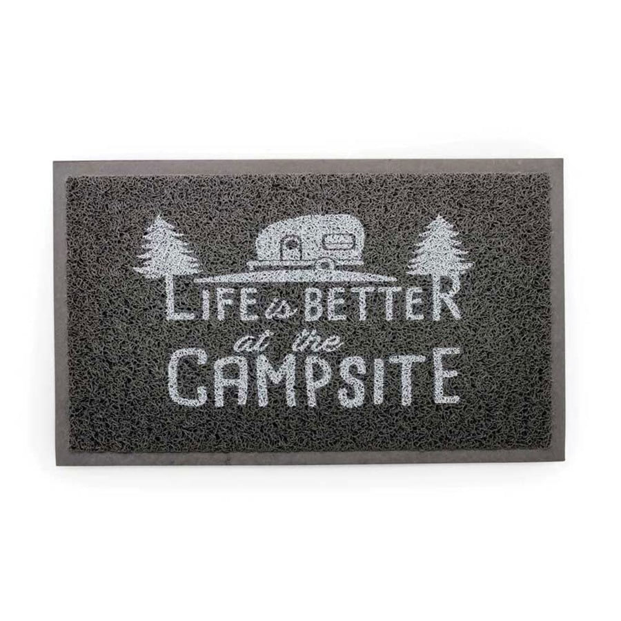 Camco Scrub Mat Life is Better at The Campsite - 26.5" by 15" - Non-Slip Backing - Gray/White - 53200