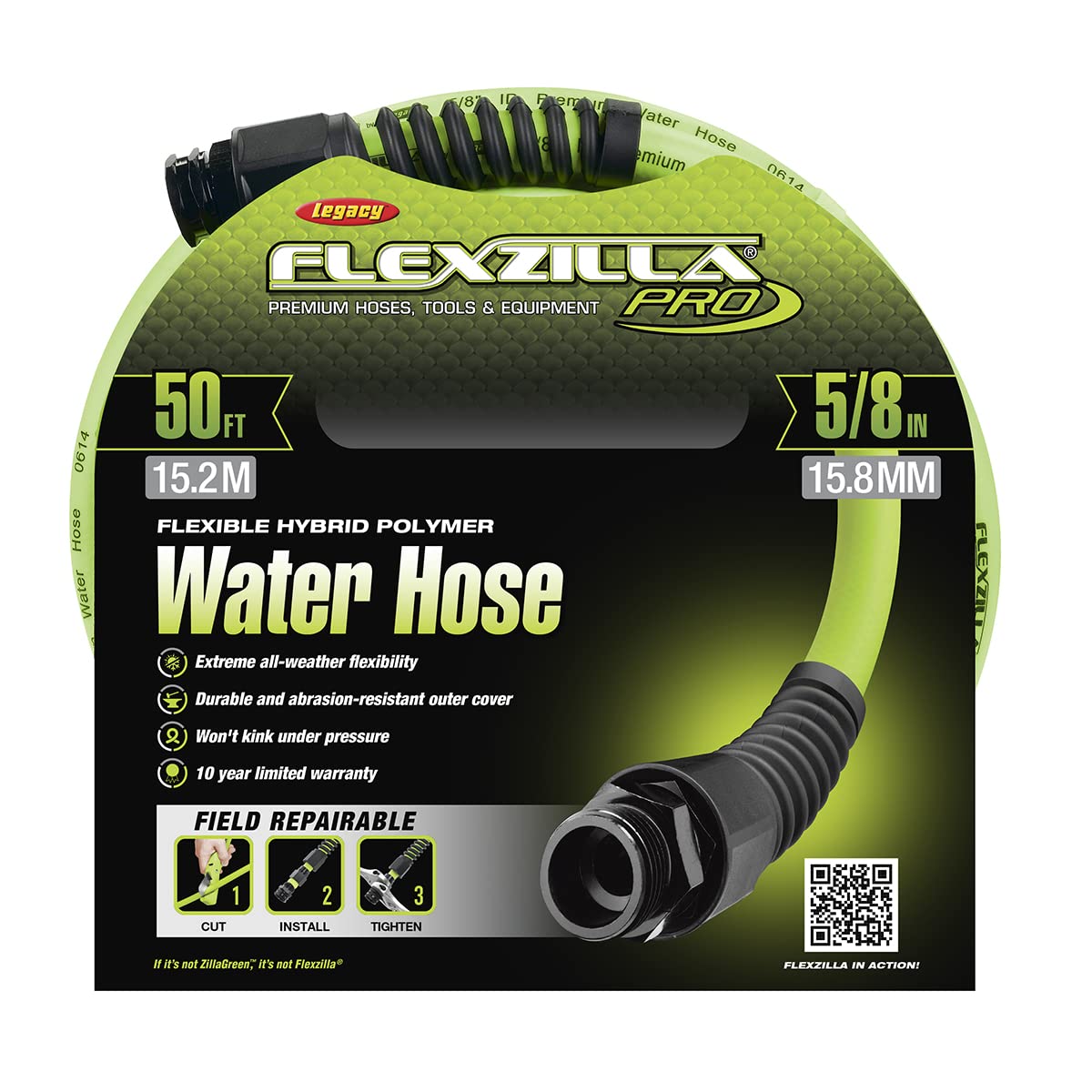 Pro Flexzilla Water Hose with Reusable Fittings, 5/8 in. x 50 ft., Heavy Duty, Lightweight, ZillaGreen - HFZWP550-E