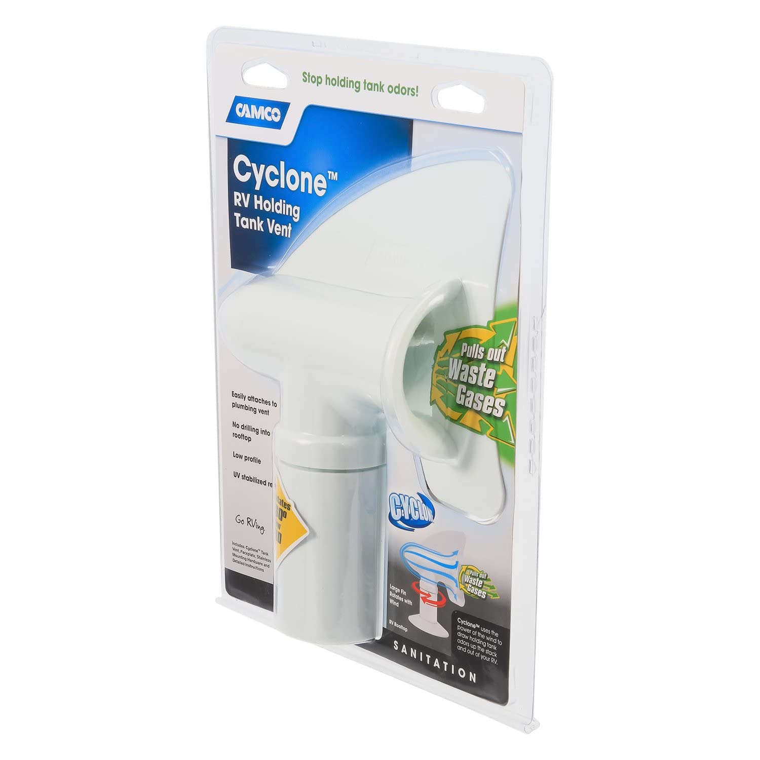 Camco Cyclone Sewer Rotating Plumbing Vent - Rids Odors from Your RV Holding Tank, Rotes 360 Degrees to Pull Odors Up and Away - White (40595)