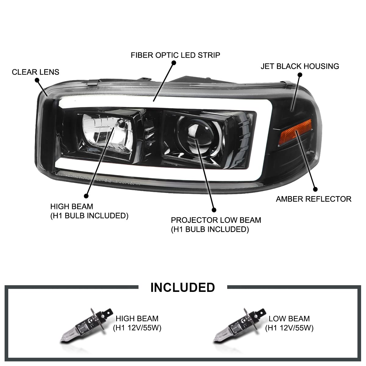 Jet Black LED Light Tube Projector Headlight SPEC-D TUNING Compatible with 1999-2006 GMC Sierra Yukon XL 1500/2500/3500, Left + Right Pair Headlamps Assembly