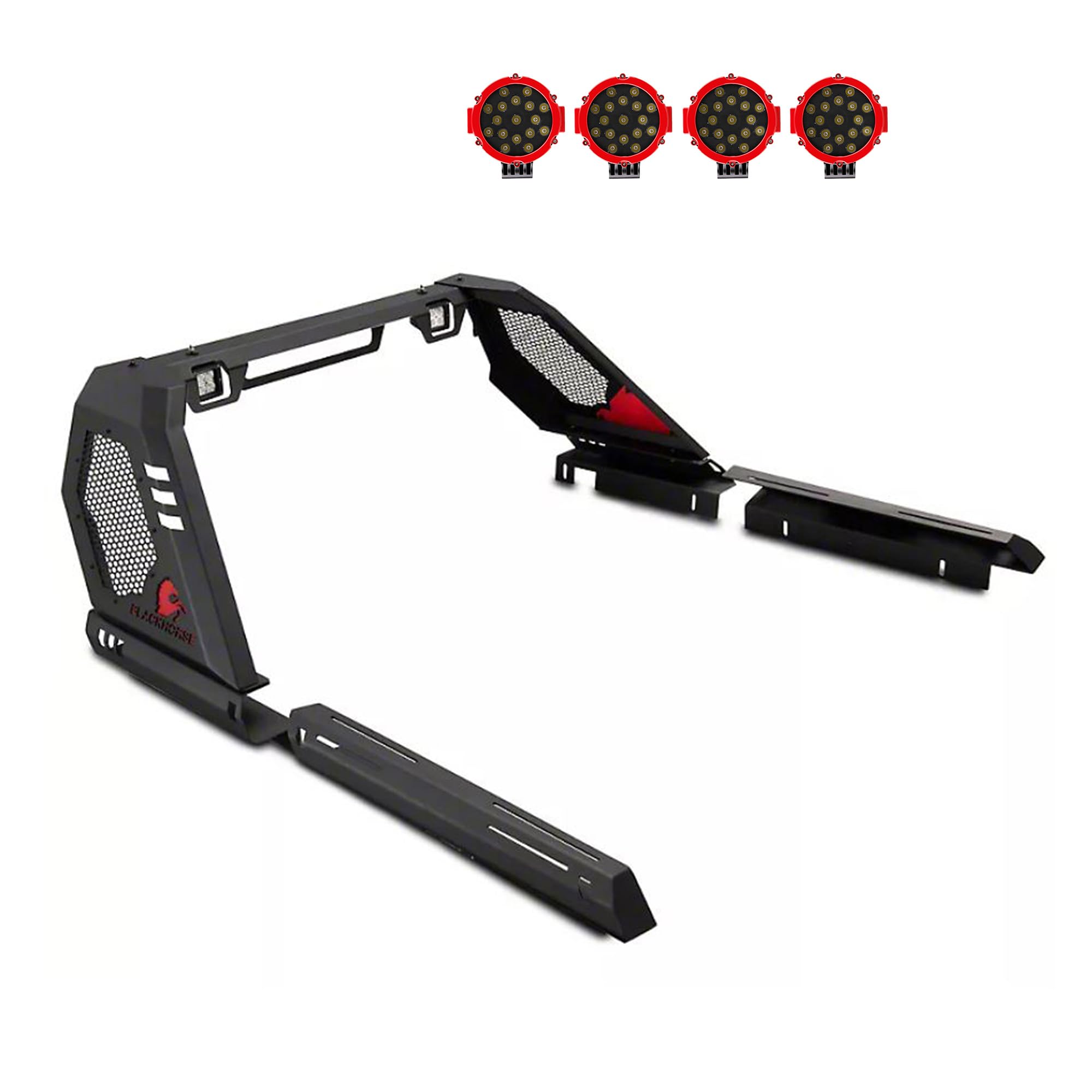Vigor Black Horse Roll Bar Incl. Pair of 7.0" Dia. LED Lights w/Red Trim Rings Modular Black Compatible with 2005-2024 Toyota Tacoma-VIRB06B-PLR
