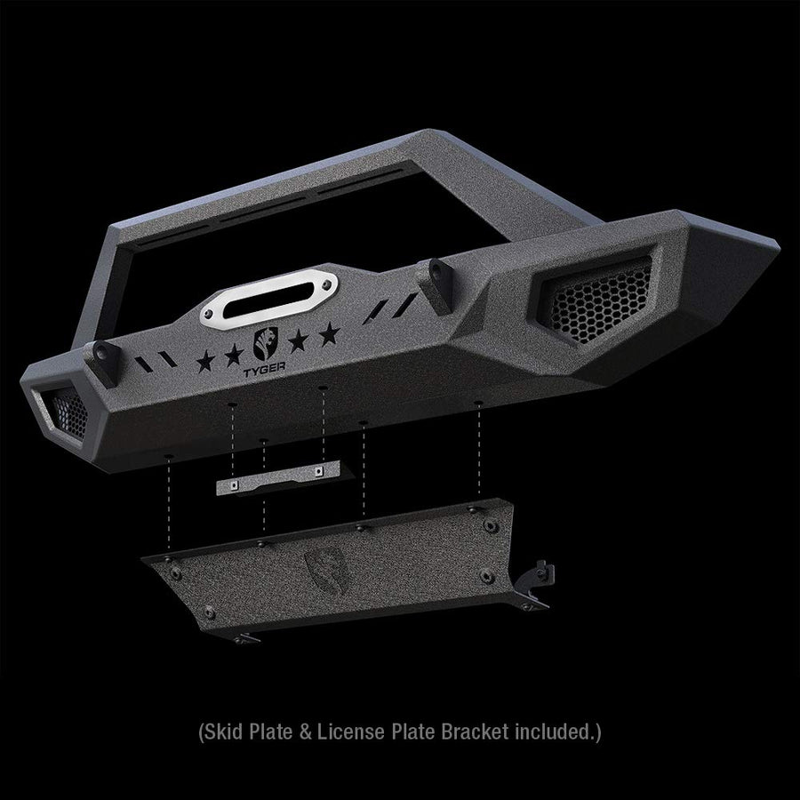 TYGER FURY Front Bumper w/Skid Plate Winch Plate Compatible with 2007-2026 Jeep Wrangler JK/JL; 2020-2026 Gladiator | Textured Black Tyger Auto TG-BP6J80068