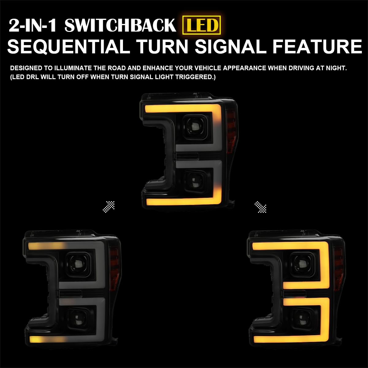 Black Smoke SPEC-D TUNING Projector Headlights w/LED Sequential Turn Signal Switchback Compatible with 2017-2019 Ford F-250, F-350, F-450, F-550 Super Duty, Left + Right Pair Headlamps Assembly