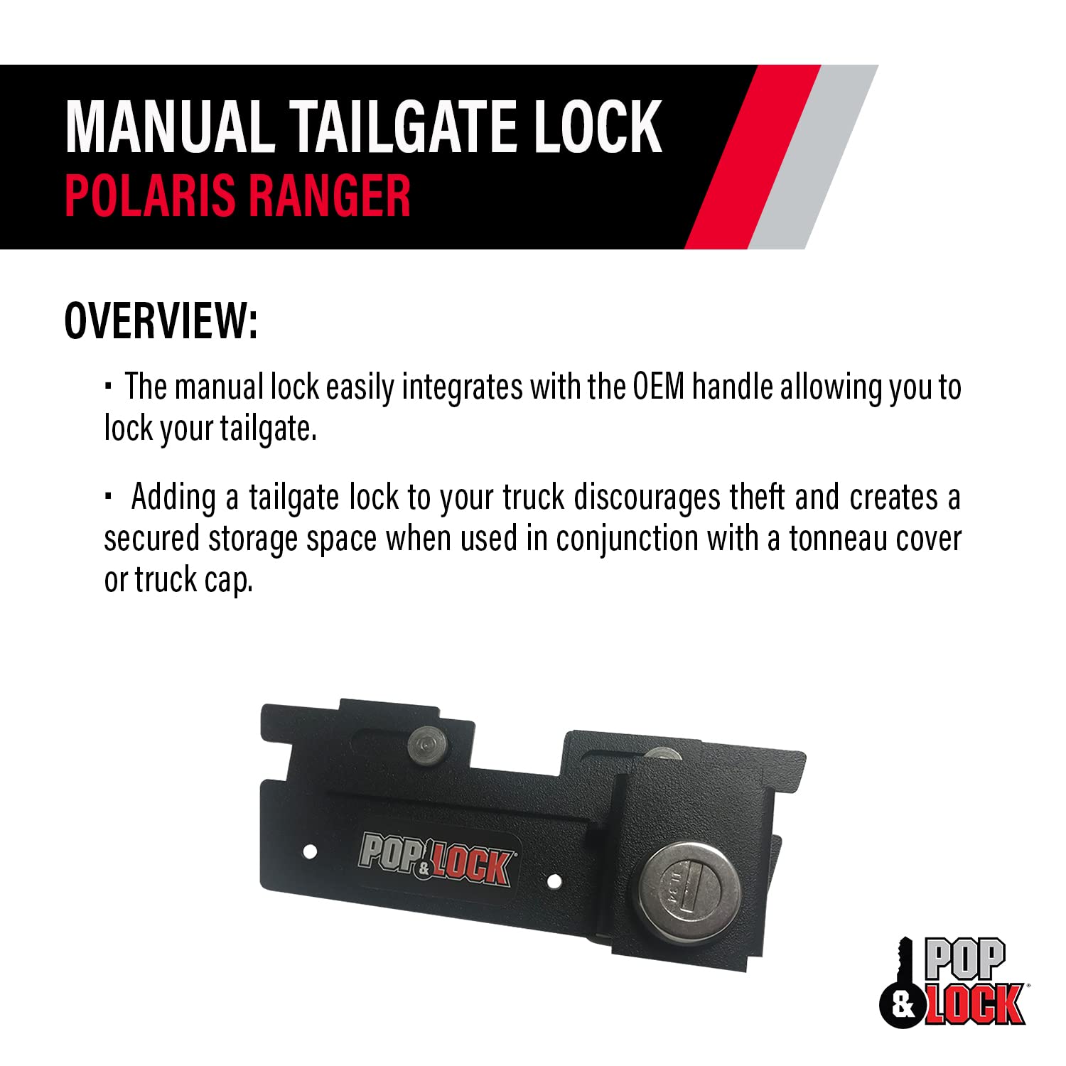 UTV Manual Tailgate Lock – POP & LOCK for Polaris Ranger 570, Fits 2016 to 2019 (Black, PL7409)