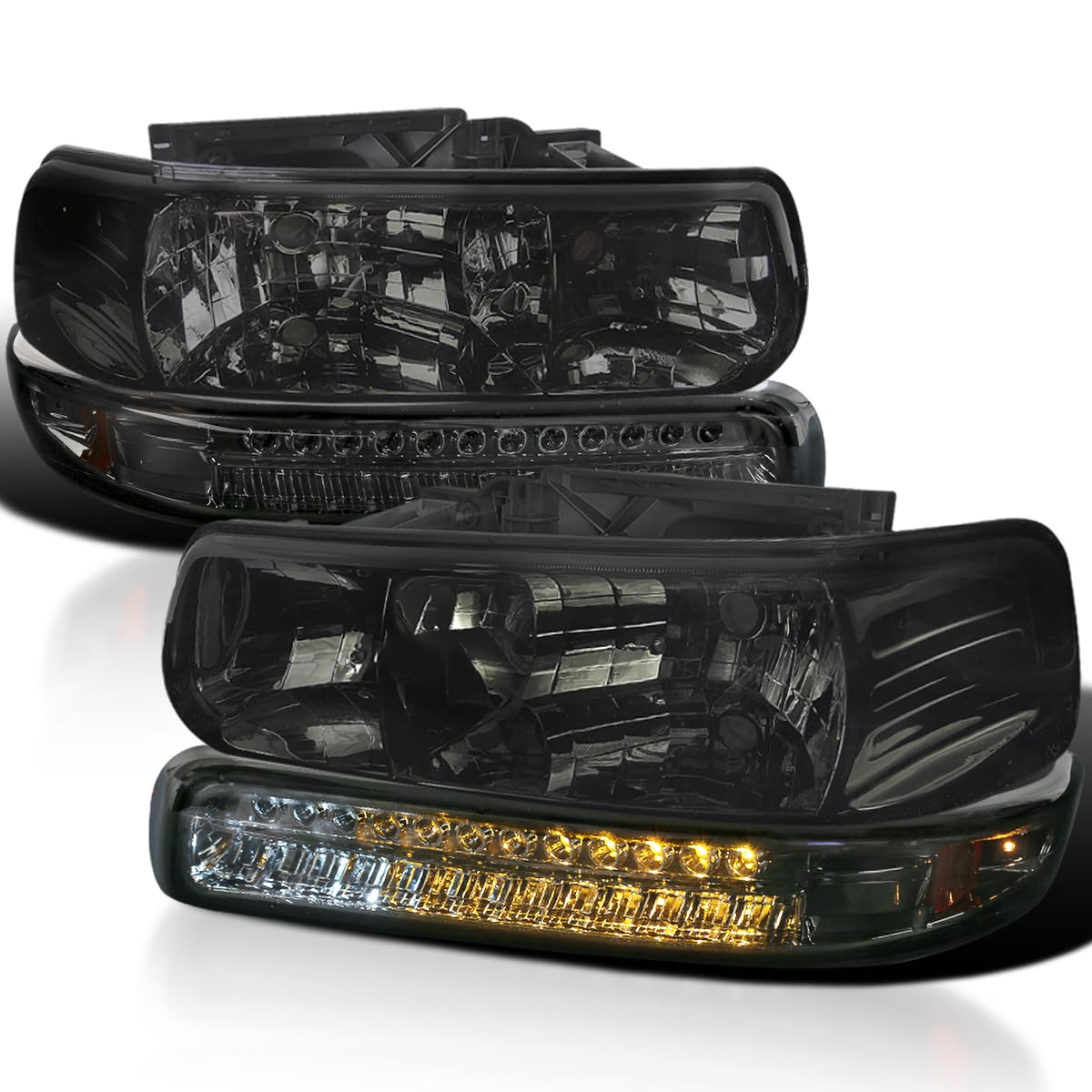 Smoke Headlights + LED Bumper Lights SPEC-D TUNING Compatible with 1999-2002 Chevy Silverado 2000-2006 Tahoe Suburban, Left + Right Pair Headlamps Assembly