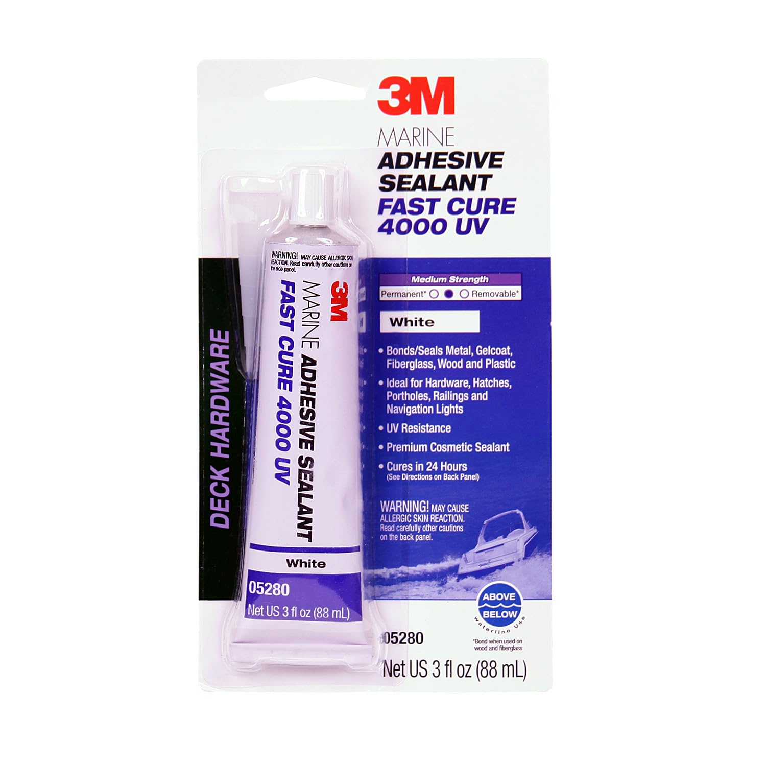 Marine Adhesive Sealant 3M 4000 UV (05280), Medium Strength Flexible Waterproof Adhesive Sealant for Boats and RVs, UV Resistant, Cures in 24 Hours, White, 3 fl oz Tube