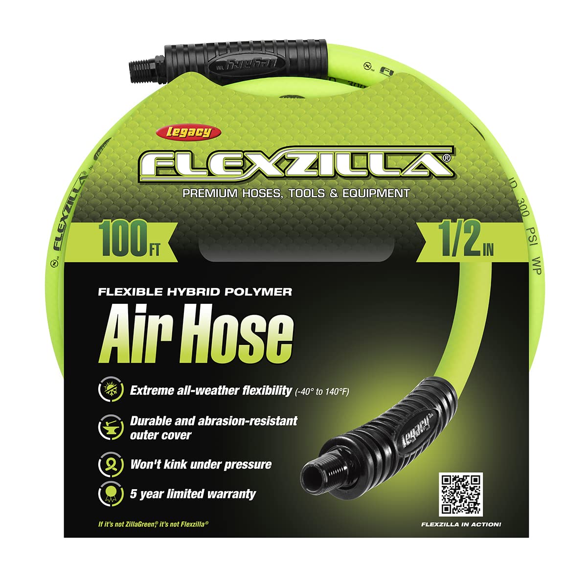 Air Hose Flexzilla, 1/2 in. x 100 ft., 3/8 in. MNPT Fittings, Heavy Duty, Lightweight, Hybrid, ZillaGreen - HFZ12100YW3