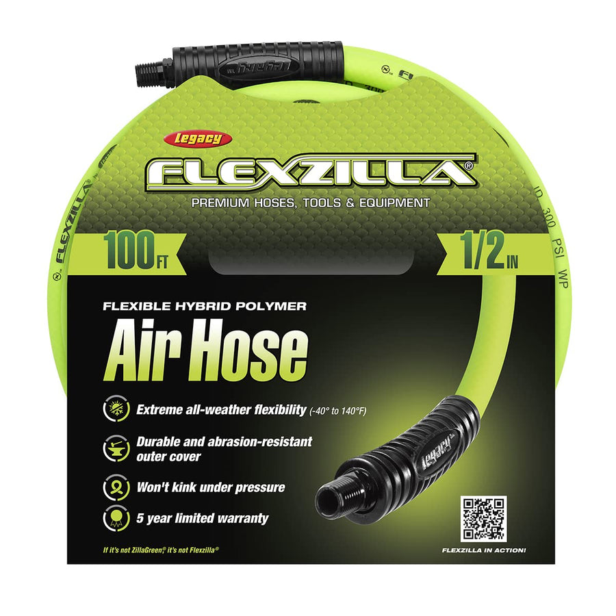 Air Hose Flexzilla, 1/2 in. x 100 ft., 3/8 in. MNPT Fittings, Heavy Duty, Lightweight, Hybrid, ZillaGreen - HFZ12100YW3