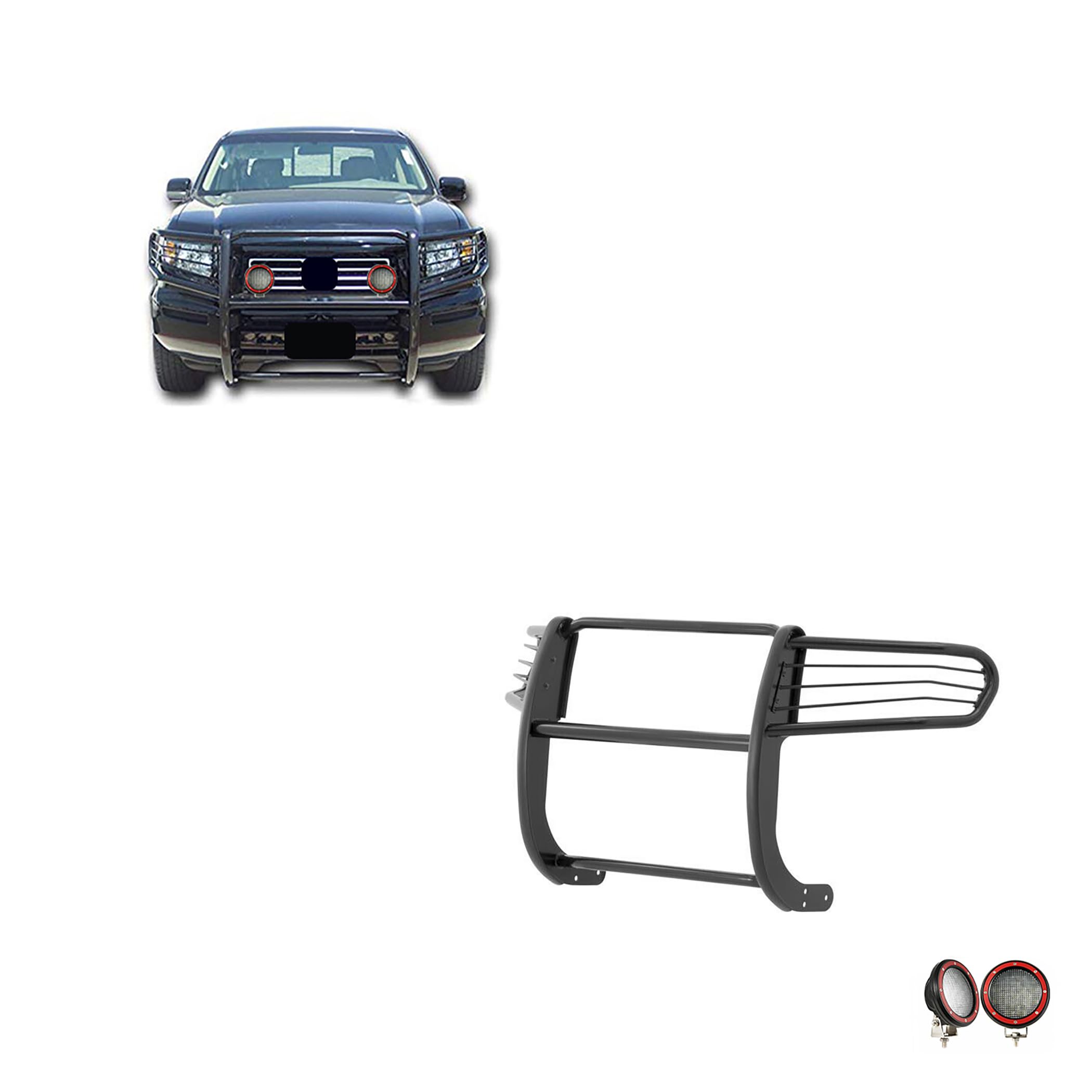Bumper Guard Black Horse Grille Brush Modular Black Come with Pair of 5.3" Dia.LED Lights with Red Trim Rings Compatible with 2006-2014 Honda Ridgeline-17A152500A1MA-PLFR