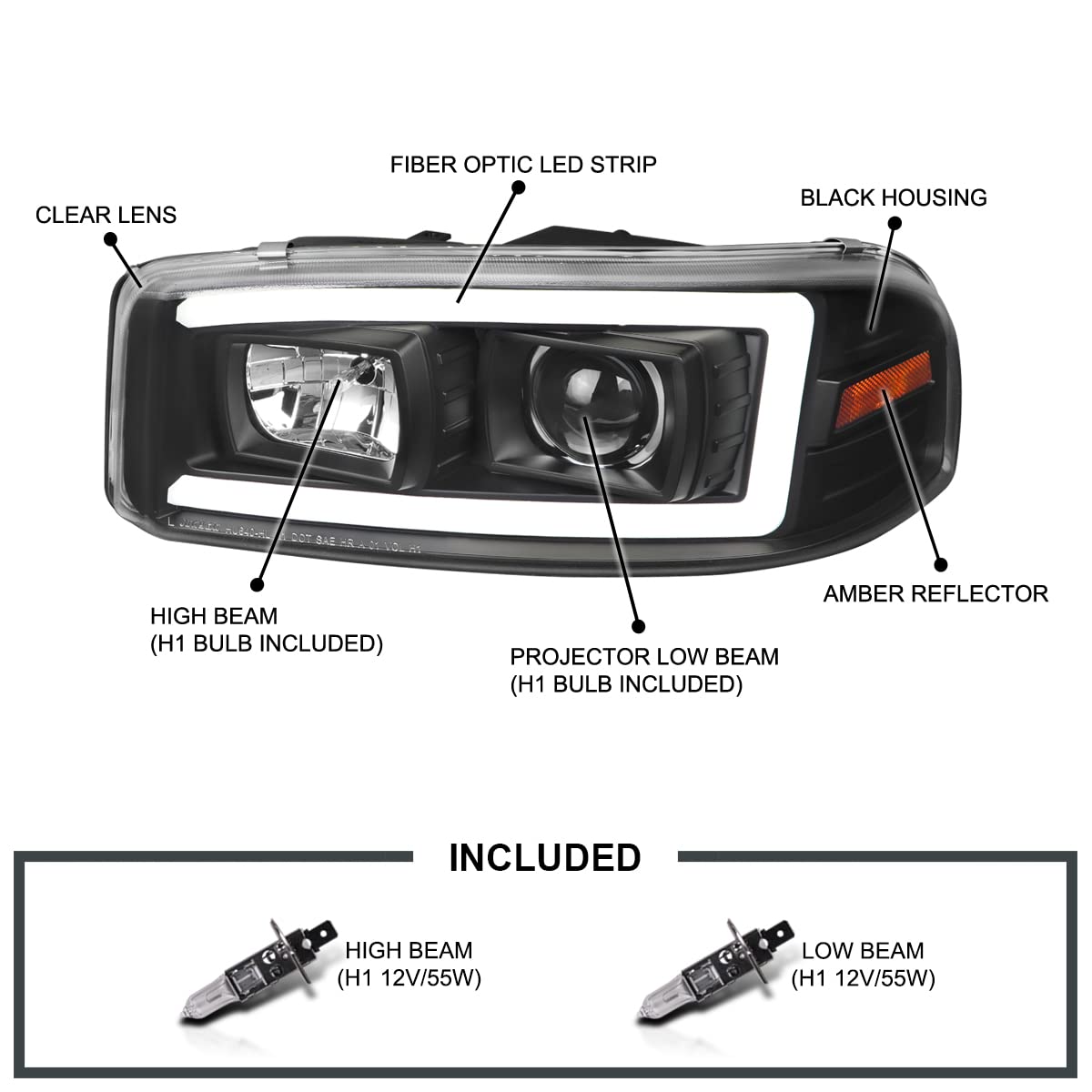 Black LED Light Tube Projector Headlight SPEC-D TUNING Compatible with 1999-2006 GMC Sierra Yukon XL 1500/2500/3500, Left + Right Pair Headlamps Assembly