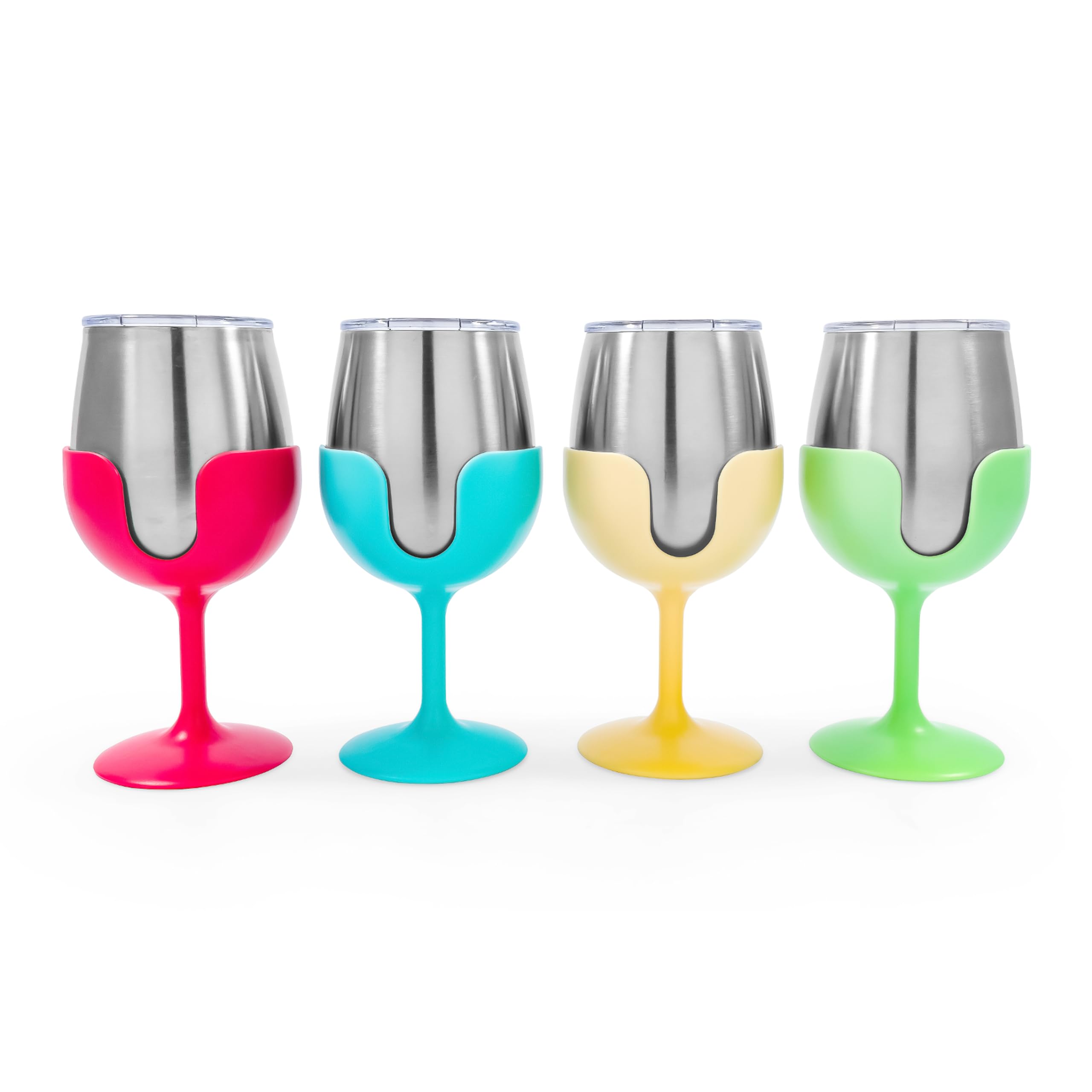 Camco Wine Tumbler Life is Better at The Campsite | Heavy Duty Double Wall Vacuum Insulation | Crafted of 18/8 Stainless Steel | Removable Green, Yellow, Blue & Pink Stems | 4-Pk, 8-oz/Each (53068)