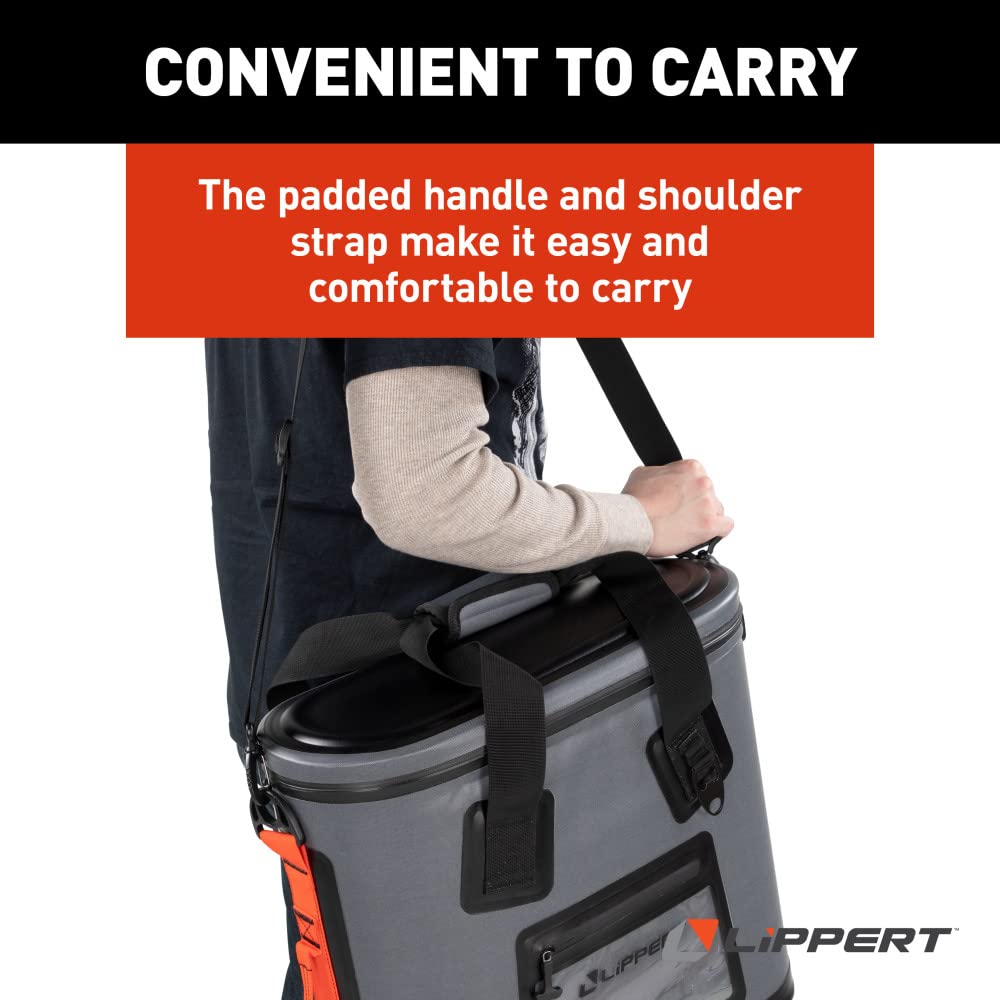 Lippert 30-Can Adventure Pro Soft Insulated Cooler Tote Bag, Up to 20 lbs. of Ice, 22-1/2 Quarts of Water, 8-1/4" x 20" x 17-1/2" Wide Mouth Opening, Padded Handle & Shoulder Strap - 2021099913
