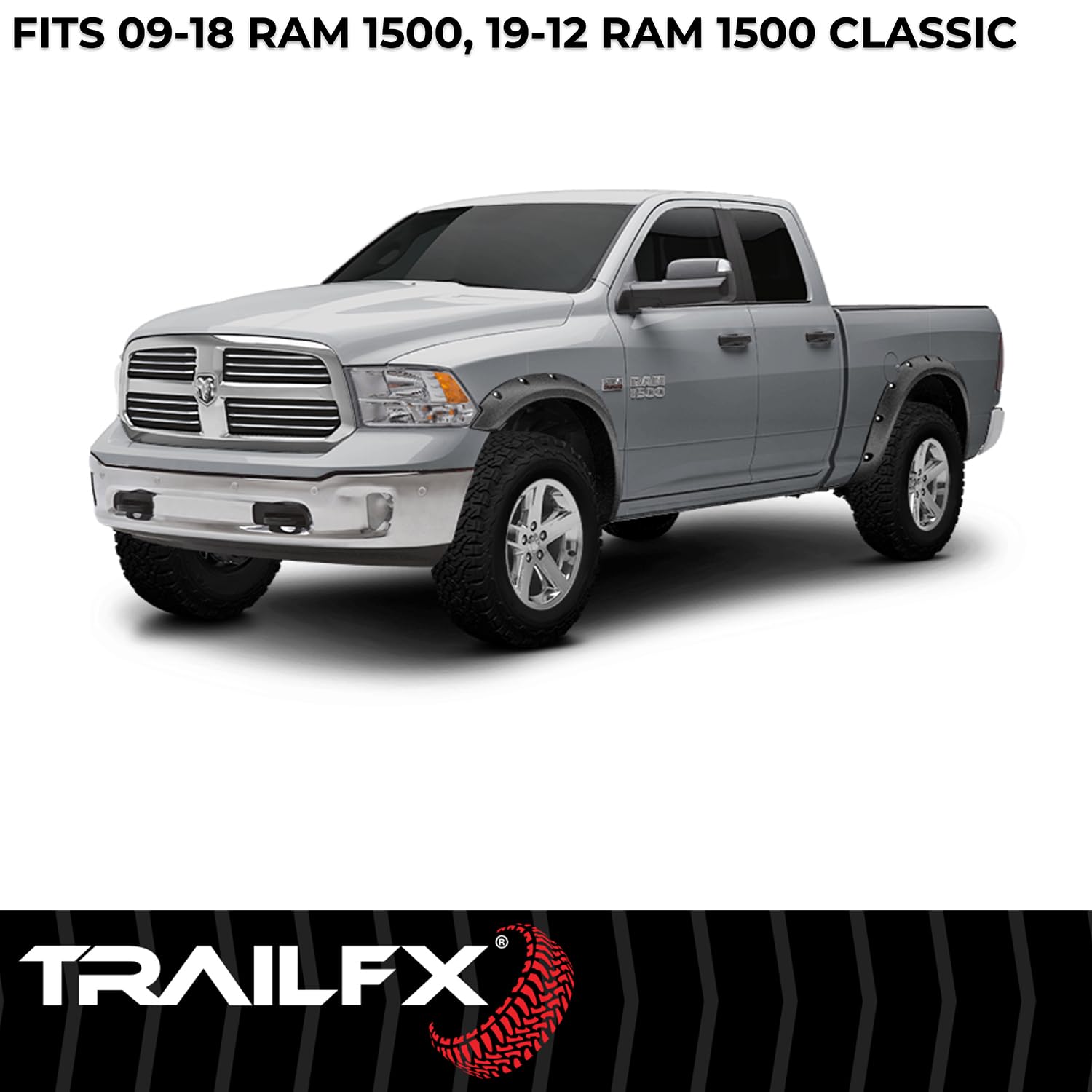 TrailFX Fender Flares Pocket Style for Ram 1500 2011-2018 Black Textured Paintable Polypropylene Set of 4 with Stainless and Black Steel Rivets TrailFX TFD3002T