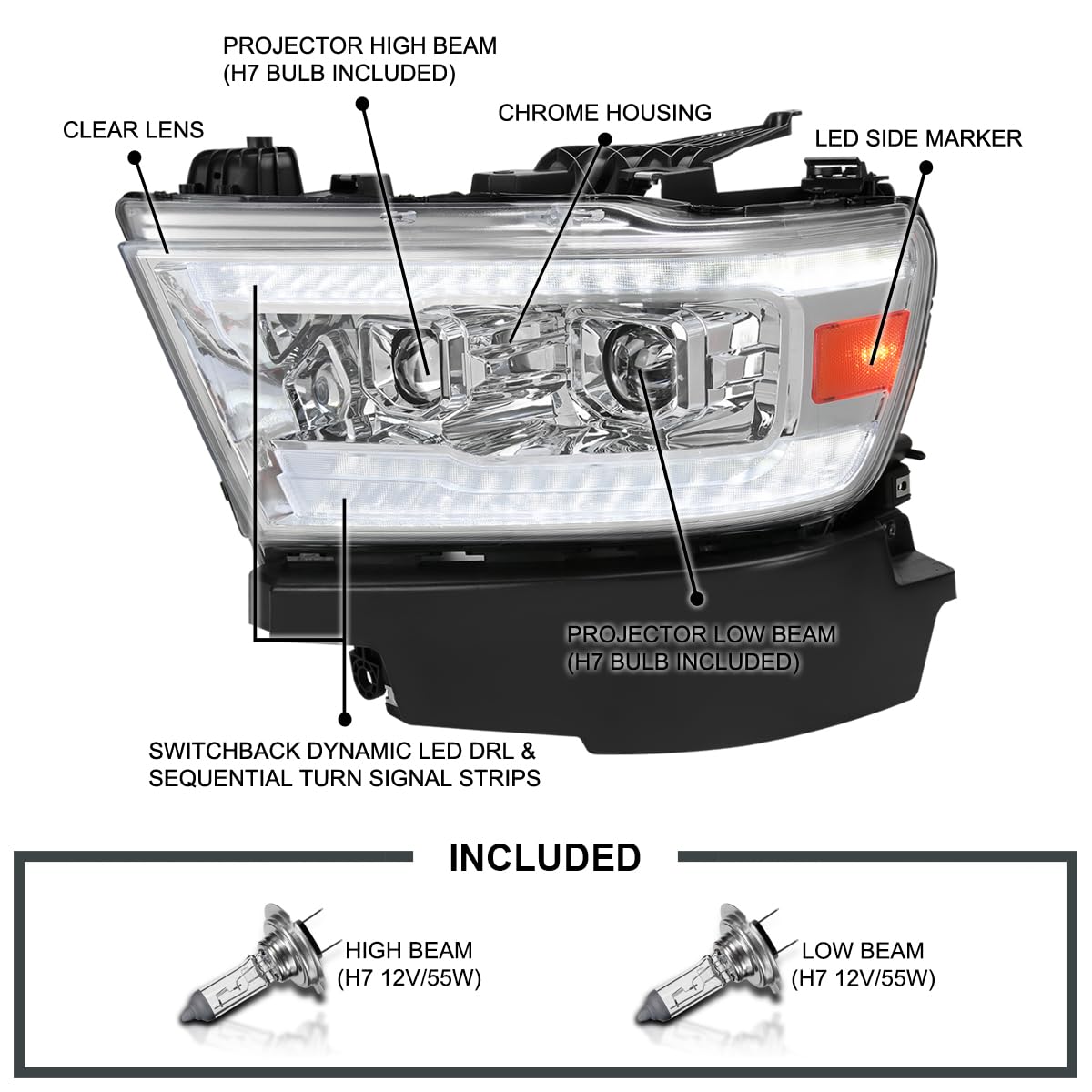 Chrome Projector Headlights SPEC-D TUNING w/Sequential LED Tube Signal and Startup Animation Compatible with 2019-2024 Ram 1500, Left + Right Pair Headlamps Assembly