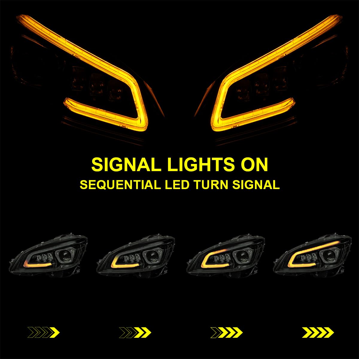 Black Smoke SPEC-D TUNING Full LED Projector Headlights w/Sequential Turn Signal Compatible with 2008-2011 Mercedes Benz W204 C-Class, Left + Right Pair Headlamps Assembly