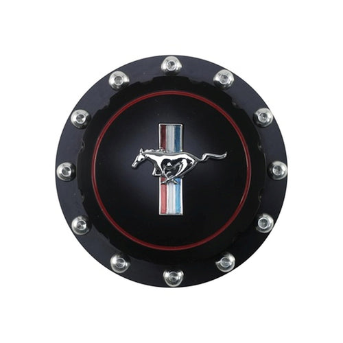 Scott Drake Gas Cap Billet Aluminum Featuring Official Ford Running Pony Emblem in a Black Anodized Finish, Compatible with 1964-1973 Ford Mustang, Model B-9030-H-BK