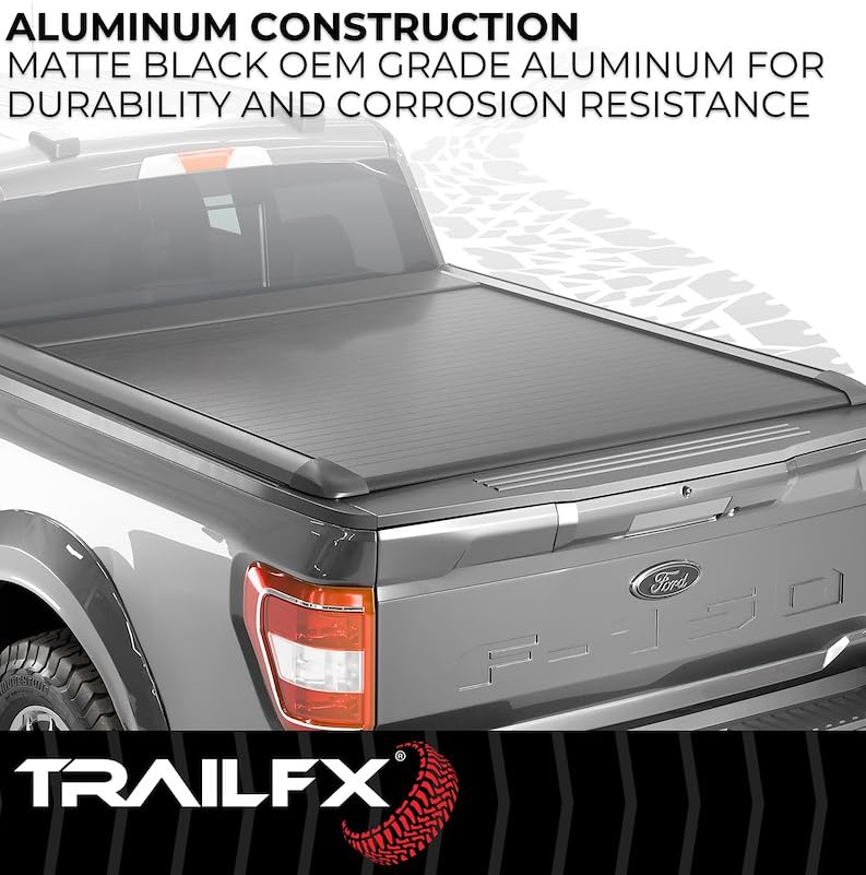TFX6003 TrailFX Hard Retractable Tonneau Cover Fits 2015-2025 Ford F-150 with 5.5 Foot Bed Manual Retractable with Key Lock Black Matte Powder Coated Aluminum T-Slot Rails Clamp-On