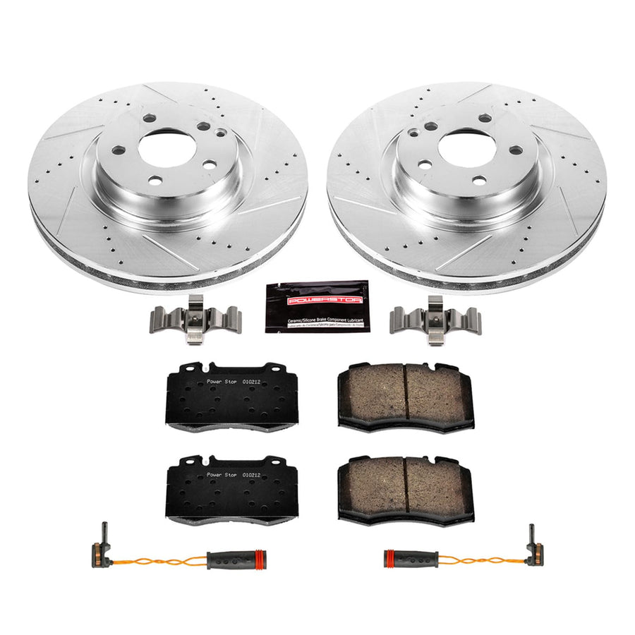 Power Stop K6752 Z23 Carbon Fiber Brake Pads with Drilled & Slotted Brake Rotors Kit and 1 Front Sensor Wire