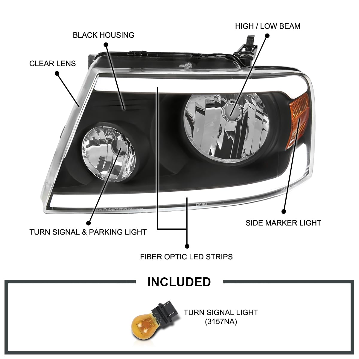 Black SPEC-D TUNING Headlights w/LED Tube Compatible with 2004-2008 Ford F150 F-150, 2006-2008 Lincoln Mark LT L+R Pair Head Lights Lamps Assembly