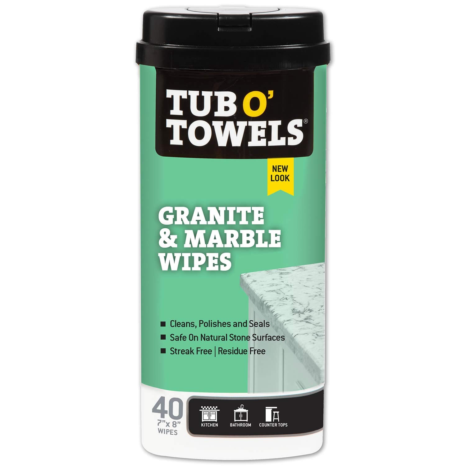 Granite & Marble Cleaning Wipes Tub O' Towels – Polish & Protect Stone Surfaces, 40-Count Pack – Safe for Granite, Marble, Quartz Countertop – Streak-Free Shine, USA Made, Eco-Friendly