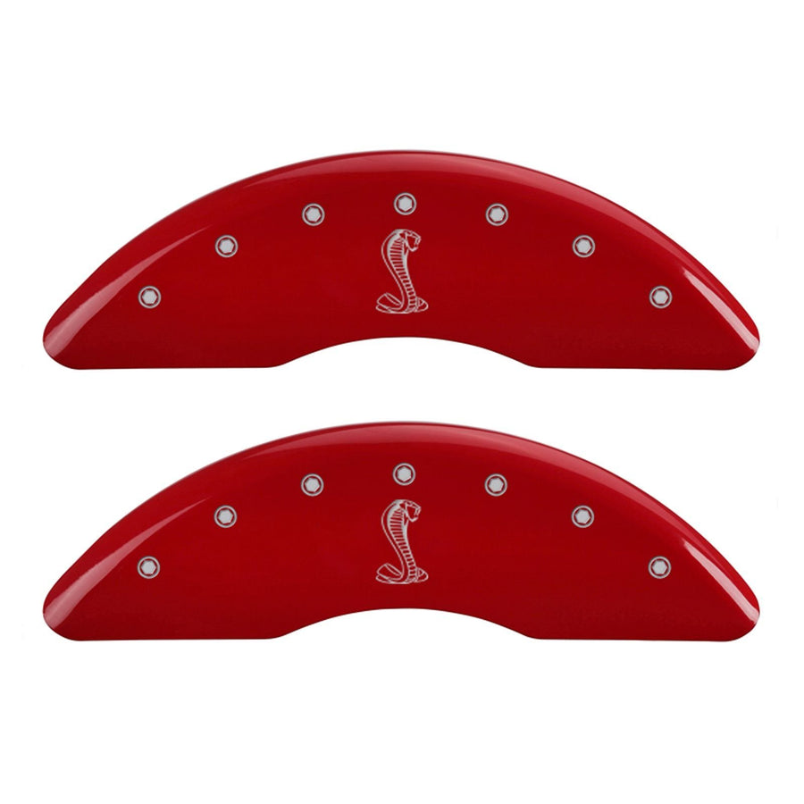 Brake Caliper Covers MGP for Ford Mustang GT, GT Premium 2015-2023 - Red Powder-Coated Finish, Engraved Silver Tiffany Snake Logo, Front and Rear Caliper Covers (Set of 4)