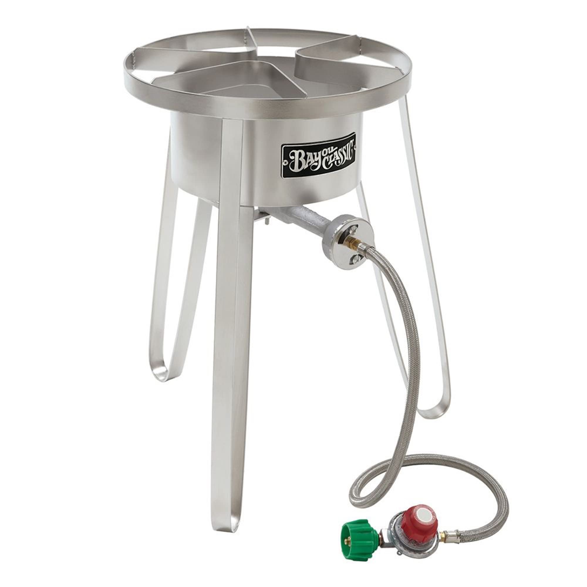 Bayou Classic Single Burner Heavy Duty Stainless Steel High Output Outdoor Stove Propane Gas Cooker with Adjustable Regulator Perfect for Frying, Steaming, Seafood, Home Brewing, Maple Syrup Prep.