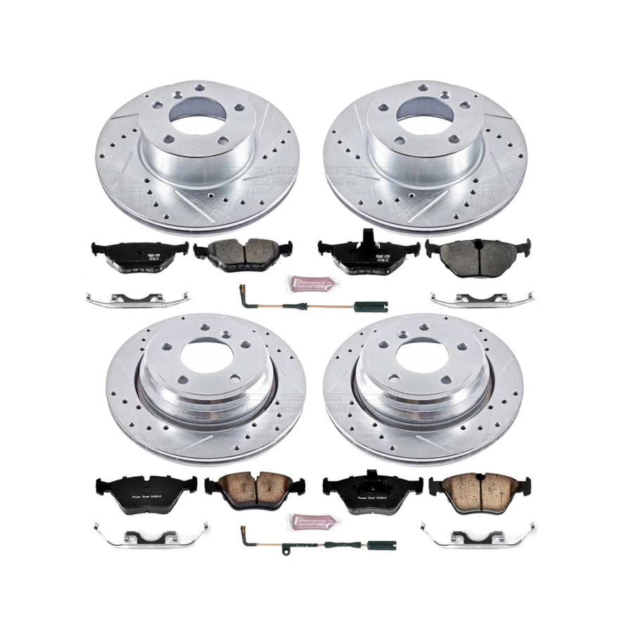 Power Stop K2746 Z23 Carbon Fiber Brake Pads Front and Rear with Drilled & Slotted Brake Rotors Kit and 1 Front & 1 Rear Sensor Wires