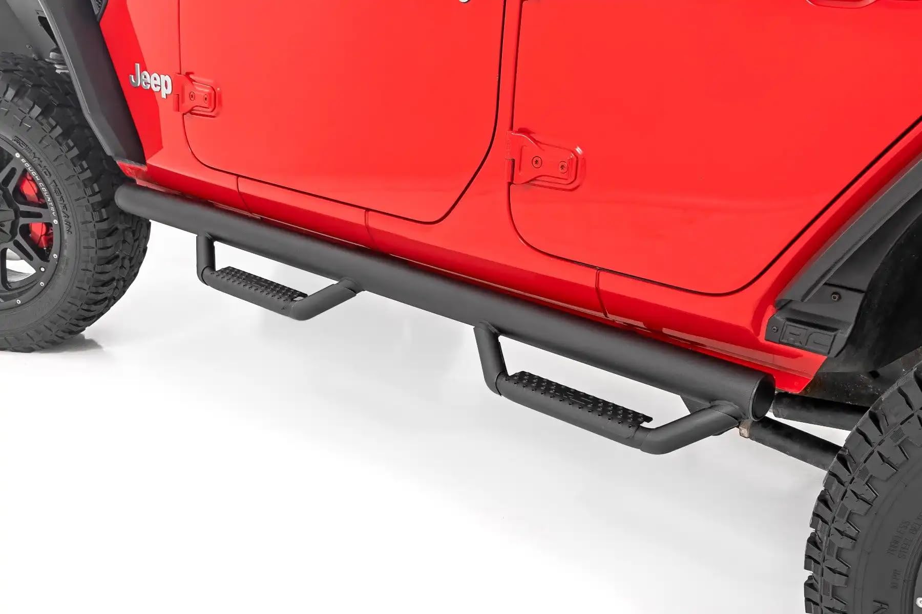 Rough Country Nerf Step Bars Unlimited for Jeep Wrangler (2018-2025) 4-Door - Rugged Full Length Nerf Bars with Side Steps, Bolt-On Install