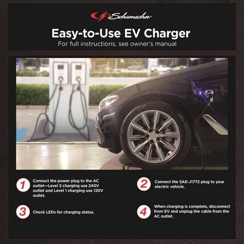 Schumacher Electric SC1455 Portable EV Charger Level 2 - up to 16A, Works with 120V or 240V Outlets, 28-Foot Charging Cable, Charges EVs 3X Faster