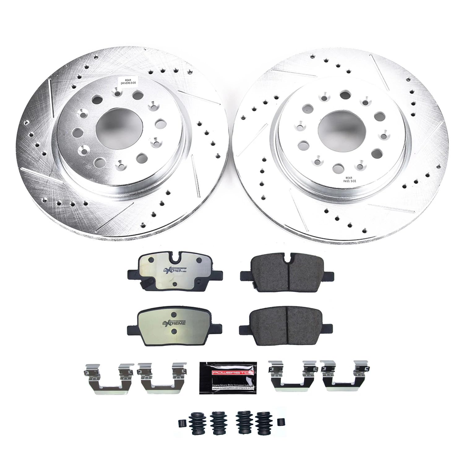 Rear Brake Kit Power Stop For 2021 2022 2023 Buick Enclave 2021 2022 Cadillac XT5 2021 2022 Cadillac XT6 - Truck & Tow Carbon Fiber Ceramic Brake Pads & Drilled & Slotted Rotors Replacement, K8683-36