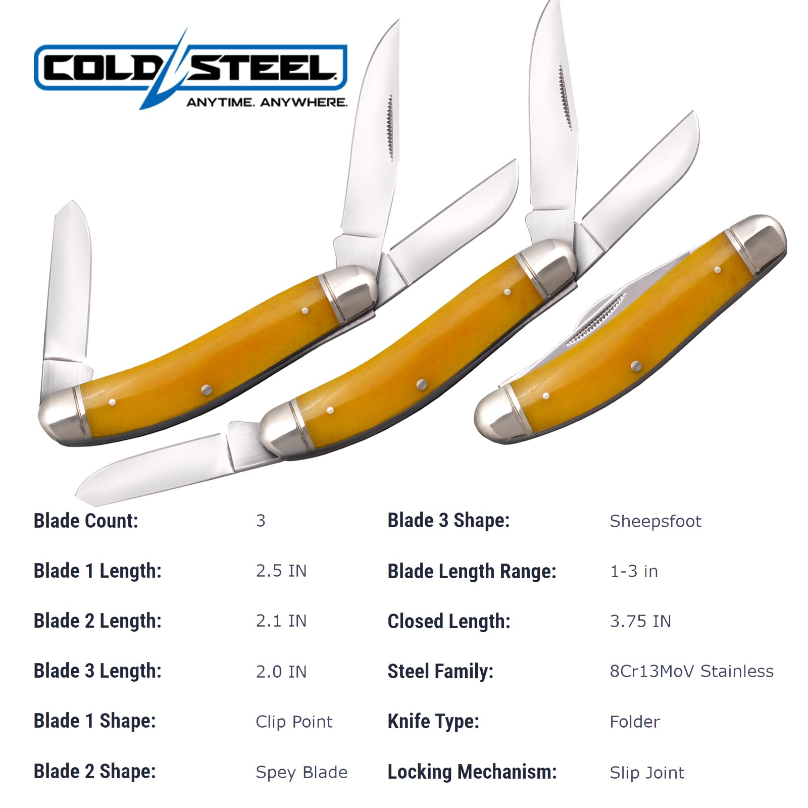 COLD STEEL Stockman Gentlemen's Versatile Practical Durable Compact Pocket Folding Knife - 3 Blades; Yellow Bone Handle; Slip Joint Lock