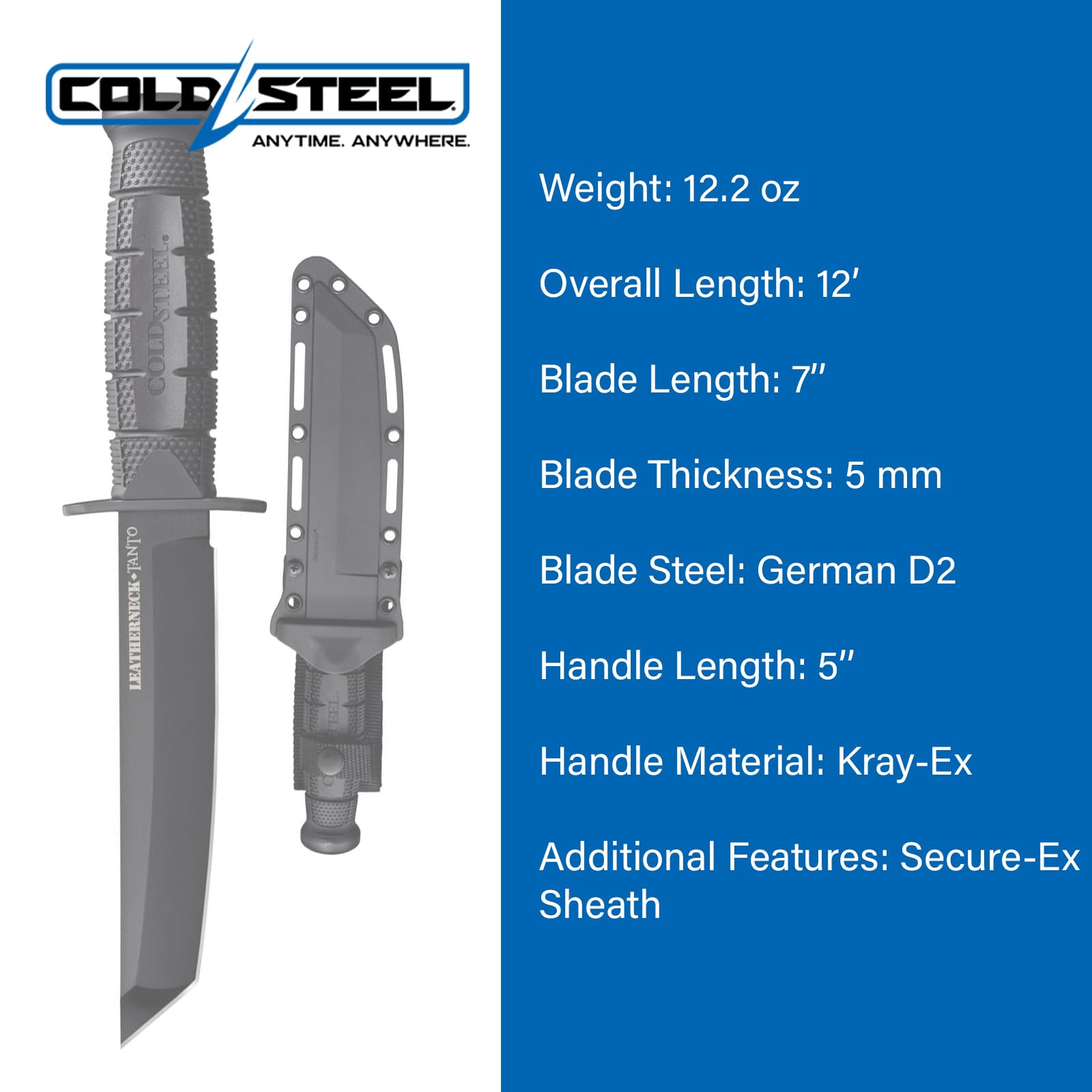 Leatherneck Cold Steel Tanto 7" German D2 Razor-Sharp Blade 5" Kray-Ex Durable Handle Tactical Military Knife w/Secure-Ex Sheath
