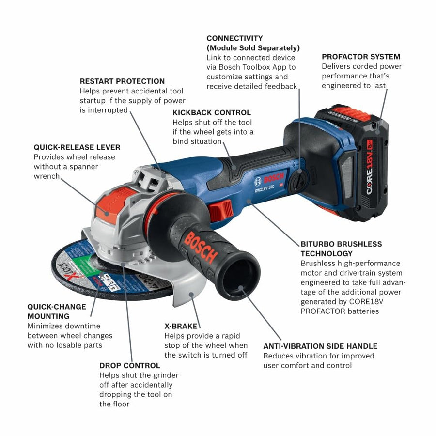 Bosch 18V GWX18V-13CB14 X-LOCK Connected-Ready 5 – 6 In. Angle Grinder Kit with (1) CORE18V® 8 Ah High Power Battery