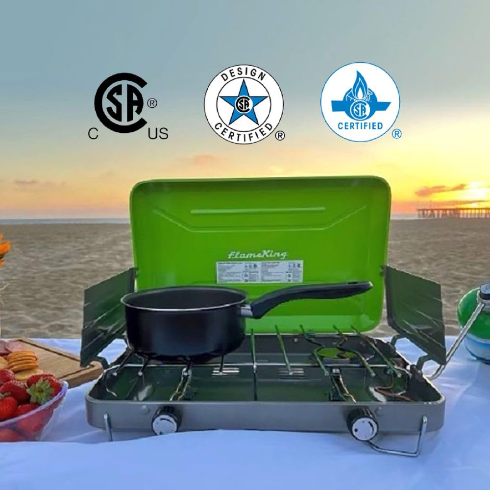 Flame King 2-Burner VT-101 Portable Camping Stove Grill, Great for Outdoor Cooking, Backpacking, Compatible with 1LB Propane Gas Bottle