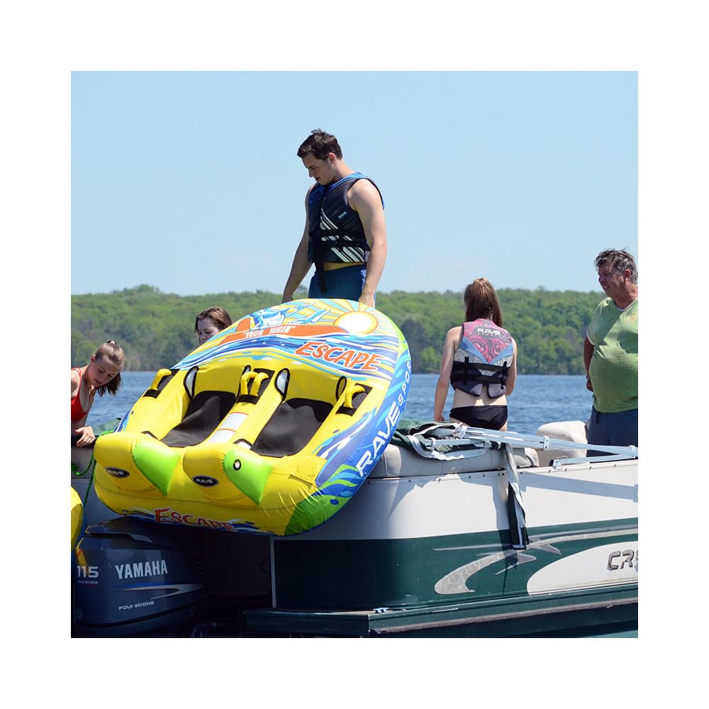 Rave Sports Boat Towable Tube Escape for 1-2 Riders, Heavy-Duty Durable Construction for Pulling Behind Boat, Unique Seats for Secure Ride