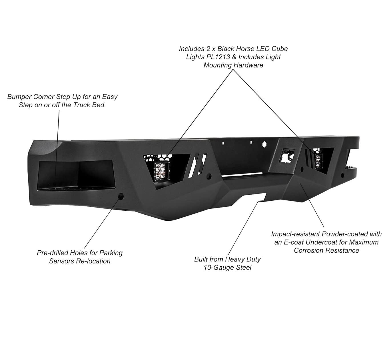 Heavy Duty Black Horse Armour Rear Bumper w/Set of 4in Cube Lights Black Compatible with 19-22 GMC Sierra 1500 LTD|07-18 GMC Sierra 1500|19-21 Silverado 1500 LD|07-18 Silverado 1500-ARB-SI16-KIT