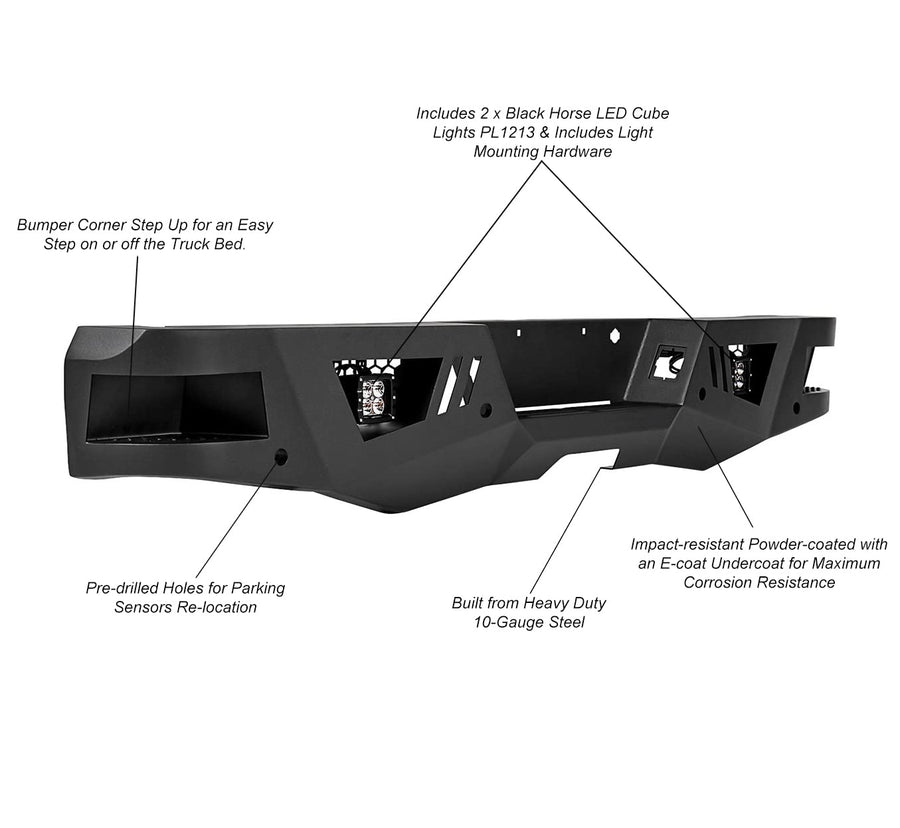 Heavy Duty Black Horse Armour Rear Bumper w/Set of 4in Cube Lights Black Compatible with 19-22 GMC Sierra 1500 LTD|07-18 GMC Sierra 1500|19-21 Silverado 1500 LD|07-18 Silverado 1500-ARB-SI16-KIT