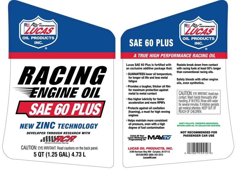 Lucas Oil 5 Quarts SAE 60 Plus Racing Engine Oil (Pack of 1)