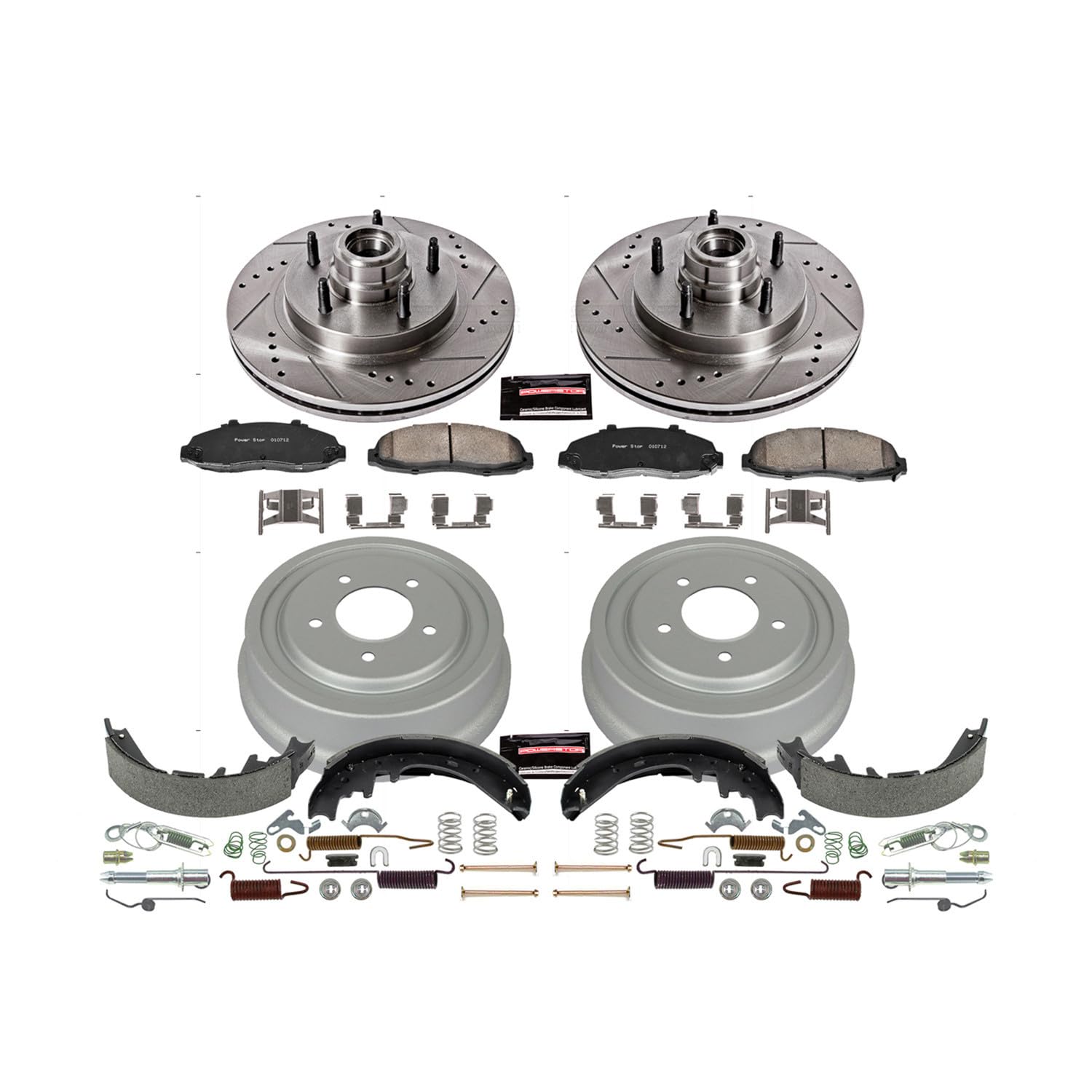 Power Stop K15174DK Z23 Carbon Fiber Brake Pads Front and Rear with Drilled & Slotted Brake Drums Kit For Ford F-150 1997-1998 [Model Specific]