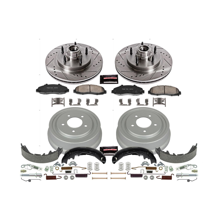 Power Stop K15174DK Z23 Carbon Fiber Brake Pads Front and Rear with Drilled & Slotted Brake Drums Kit For Ford F-150 1997-1998 [Model Specific]
