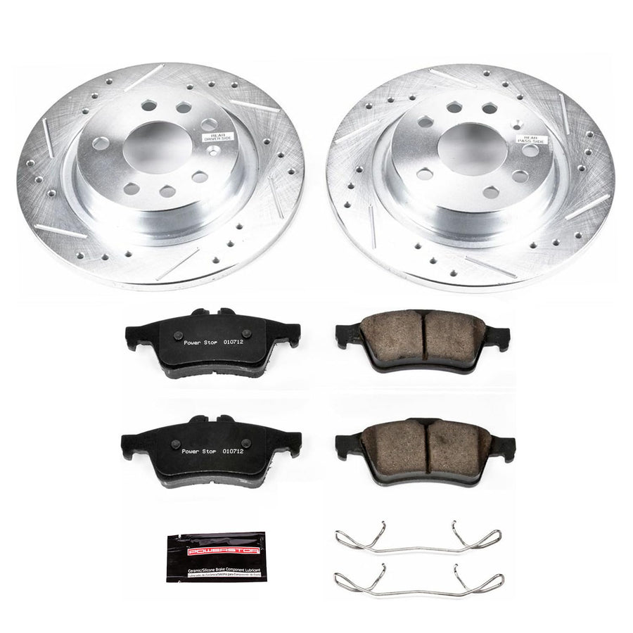 Power Stop K981 Rear Brake Pads Z23 Carbon Fiber with Drilled & Slotted Brake Rotors Kit For Saab 9-3 2003-2011 [Model Specific]