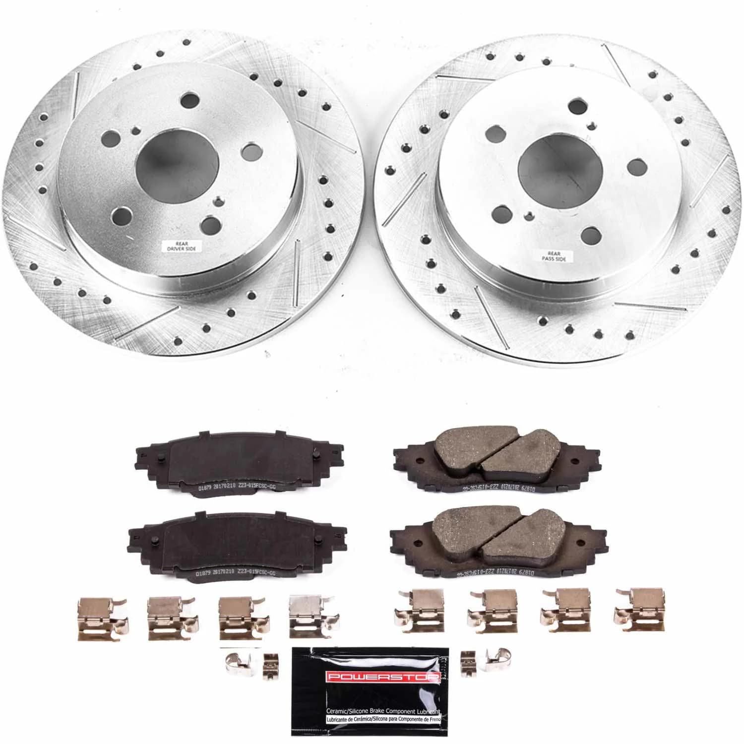 PowerStop Brake Kit Rear For 2019-2024 LexusES300h, 2019-2024 ES350, 2019-2024 UX250h, 2018-2025 Toyota Camry, 2019-2024 RAV4- Drilled & Slotted Disc Rotors with Ceramic Brake Pads Replacement, K8333