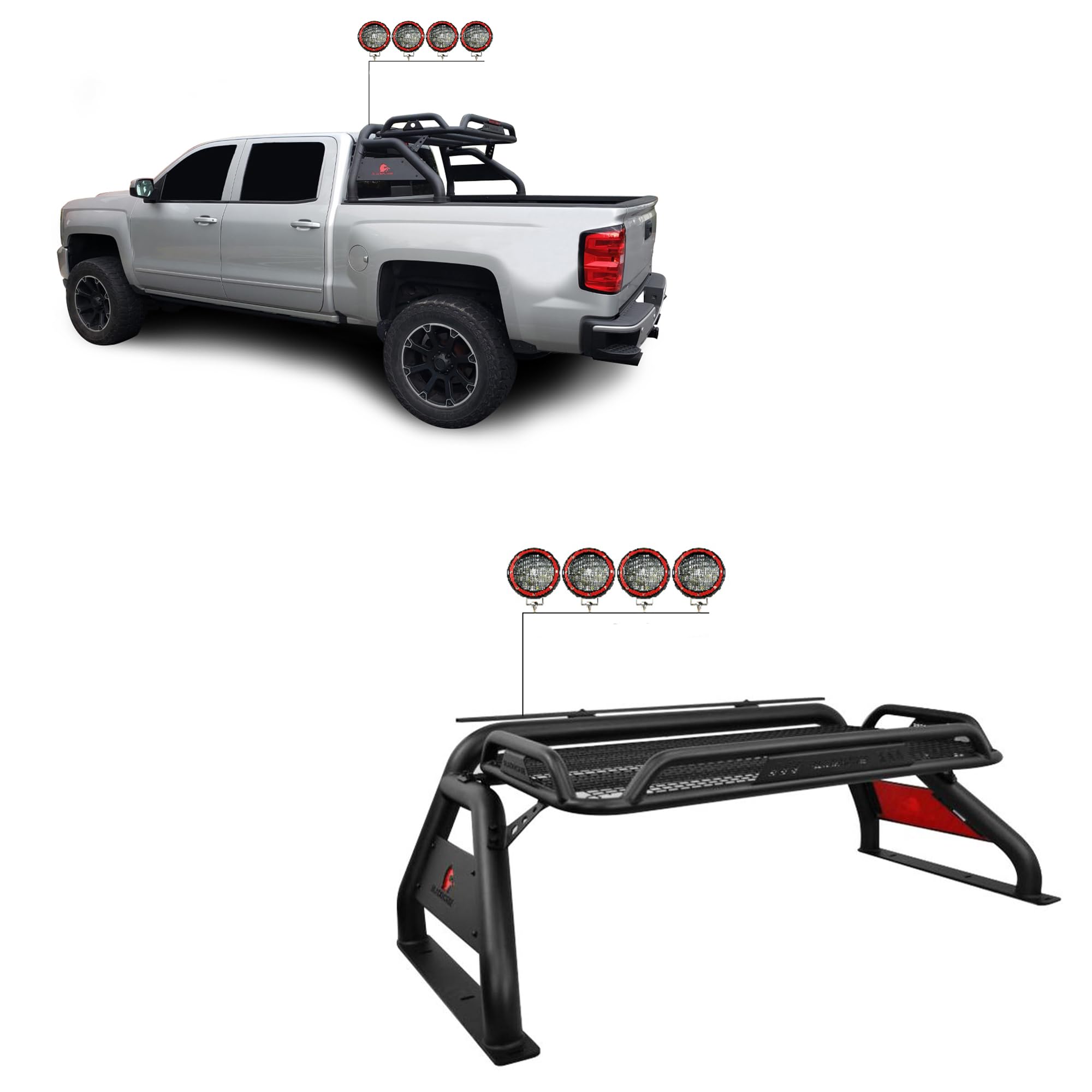 Atlas Black Horse Roll Bar Incl. Set of 5.3" Dia.LED Lights w/Red Trim Rings Compatible with (GMC-Chevrolet-Ford-Dodge) Black Atlas Roll Bar - RB-BA1B-PLFR
