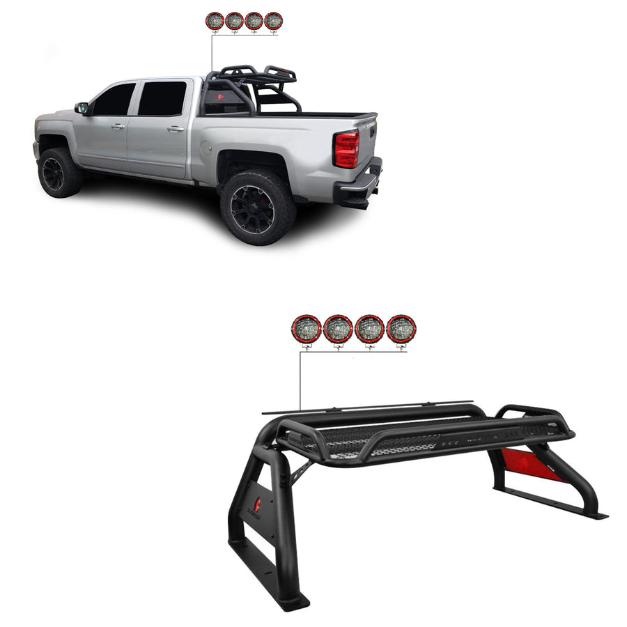 Atlas Black Horse Roll Bar Incl. Set of 5.3" Dia.LED Lights w/Red Trim Rings Compatible with (GMC-Chevrolet-Ford-Dodge) Black Atlas Roll Bar - RB-BA1B-PLFR