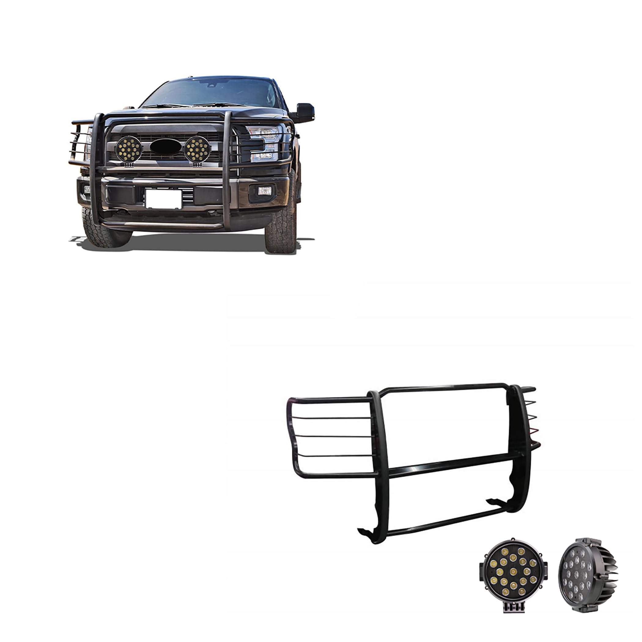 Grille Brush Black Horse Bumper Guard Modular Black Come with Pair of 7.0" Dia.LED Lights with Black Trim Rings Compatible with 2017-2023 Ford F-250/F-350/F-450/F-550 Super Duty-17FB28MA-PLB