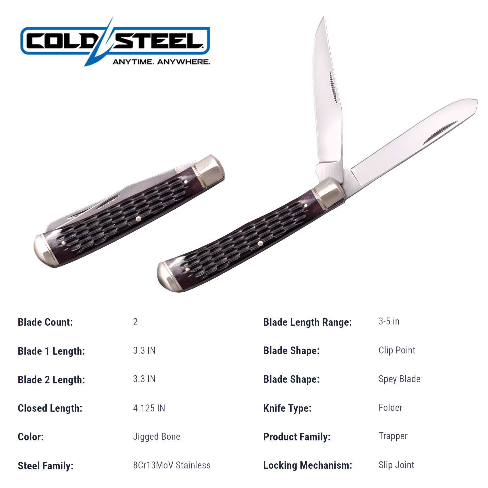 Cold Steel Trapper Folding Knife Versatile Practical Durable Reliable Compact Pocket - 2 Blades; Jigged Bone Handle; Slip Joint Lock