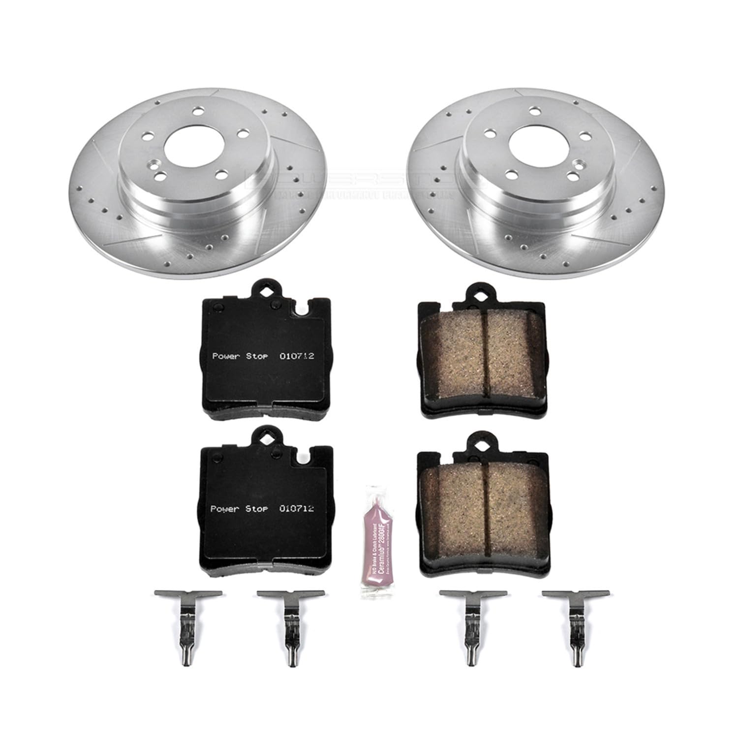 Power Stop K6698 Rear Brake Pads Z23 Carbon Fiber with Drilled & Slotted Brake Rotors Kit and 1 Rear Sensor Wire For C230, C240, C280, C320, C350, CLK320, CLK350, SLK350 [Model Specific]