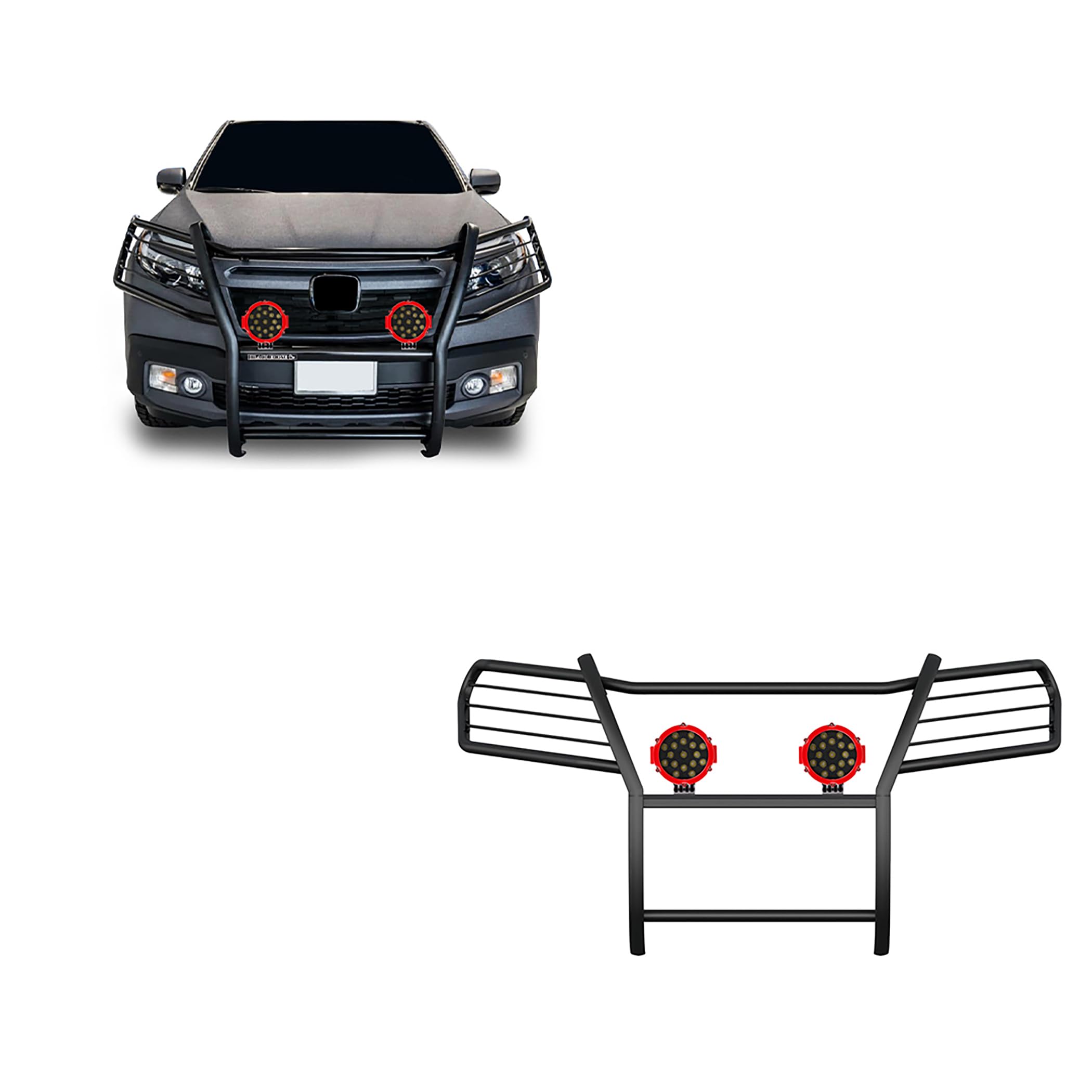 Bumper Guard Black Horse Grille Brush Modular Black Come with Pair of 7.0" Dia.LED Lights with Red Trim Rings Compatible with 2016-2019 Honda Ridgeline-17H01MA-PLR
